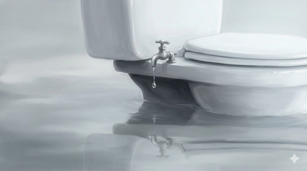 トイレの夢の象徴——広い霧の野原に佇む、誰もいない白い個室の幻想的なイラスト