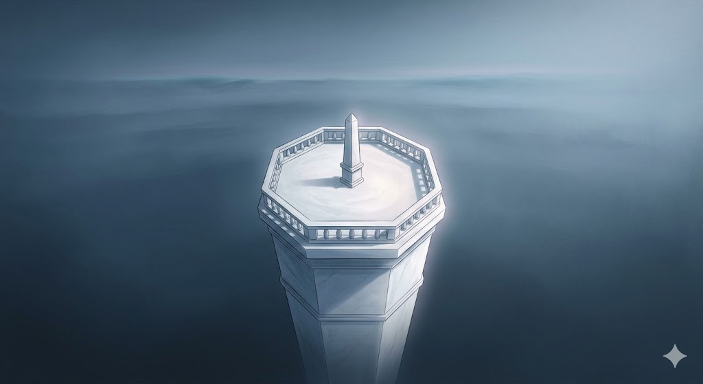 塔の夢の象徴——日常を俯瞰し自律的な視座を取り戻す「超越的な観測所」をイメージした幻想的なイラスト