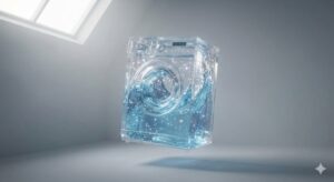 洗濯機の夢の象徴——澄んだ水と星の光が巡る、クリスタルの洗濯機の幻想的なイラスト