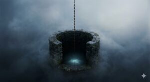 井戸の夢の象徴——潜在意識への入り口を象徴する、霧の中に佇む石造りの井戸と銀の鎖の幻想的なイラスト