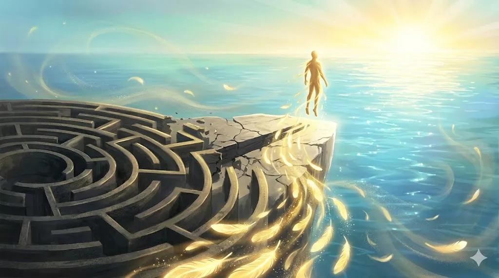 逃げ切る夢の象徴——暗い迷宮を抜け、重力から解放されて新しい光の地平に立つ達成の瞬間