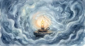 火を消す夢の象徴を表現した、霧の中で火を守る手と小さな炎の幻想的なイラスト