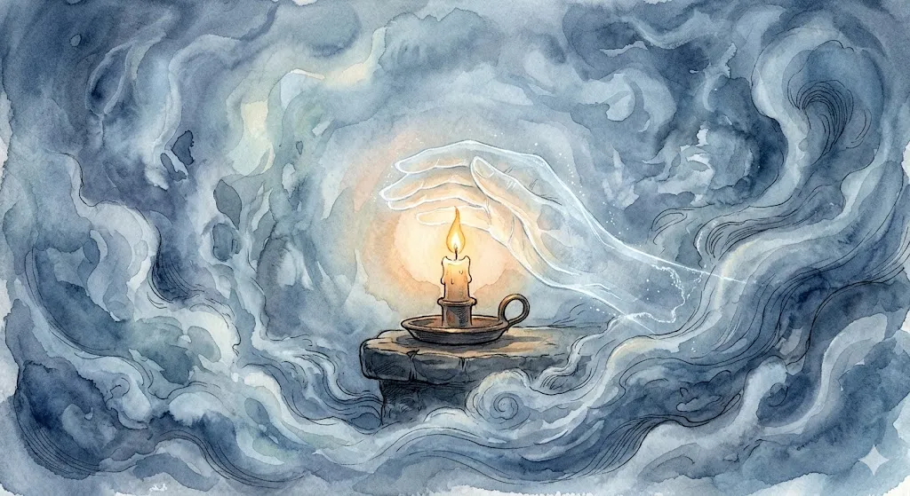 火を消す夢の象徴を表現した、霧の中で火を守る手と小さな炎の幻想的なイラスト