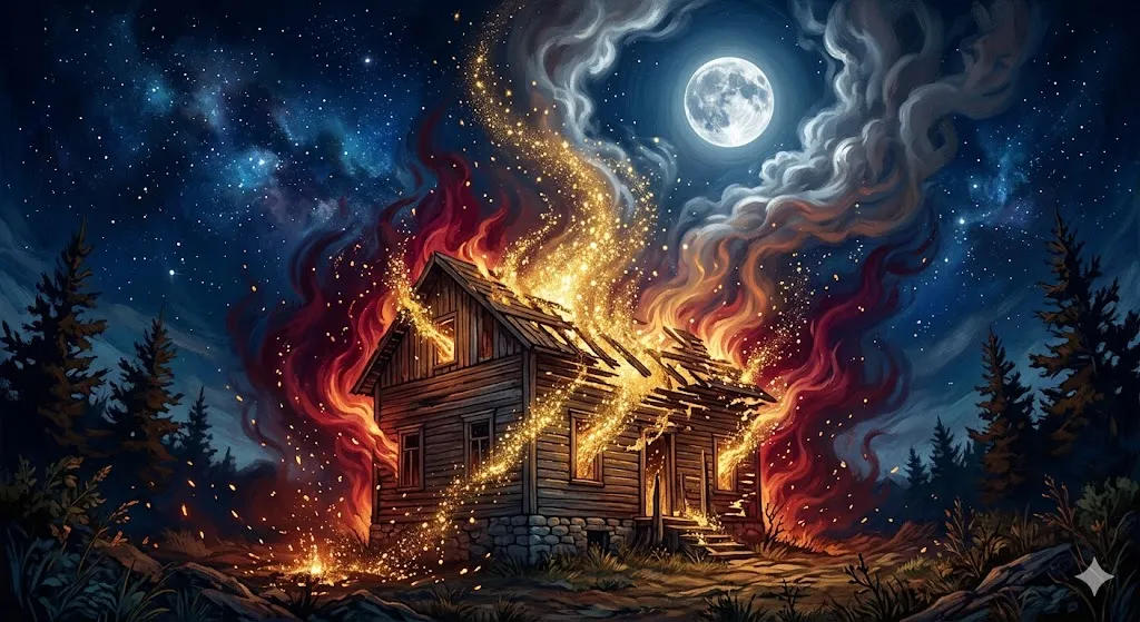 火事の夢が象徴する再生と変容を、燃え上がる家と満月で表現した幻想的なイラスト