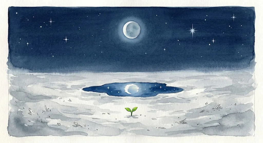 浄化と再生を象徴する、灰の野原に咲く小さな芽と月光の静謐なイラスト