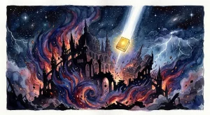 火事から逃げる夢を象徴する、燃える書庫から救い出される黄金の本と雷光のイラスト