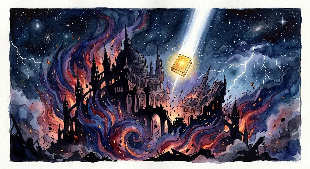 火事から逃げる夢を象徴する、燃える書庫から救い出される黄金の本と雷光のイラスト