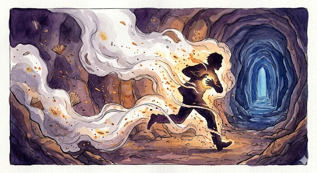 自己組織化を象徴する、煙の中を光の核を抱えて走り抜ける人のシルエット