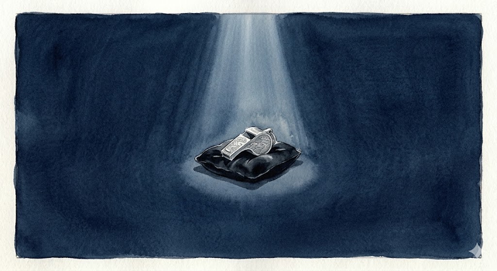 リソース選別を象徴する、暗闇の中に静かに置かれた銀のホイッスルのイラスト