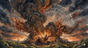 火事の爆発と黒煙が象徴する劇的な転換点を表現した、幻想的なイラスト