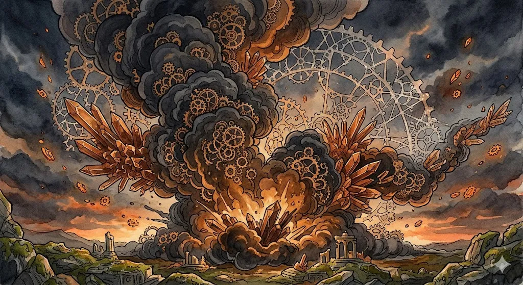 火事の爆発と黒煙が象徴する劇的な転換点を表現した、幻想的なイラスト