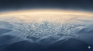 空を飛ぶ夢の象徴——高い視点から世界を俯瞰する、静謐な青と琥珀色の幻想的な風景イラスト