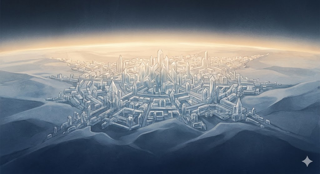 空を飛ぶ夢の象徴——高い視点から世界を俯瞰する、静謐な青と琥珀色の幻想的な風景イラスト