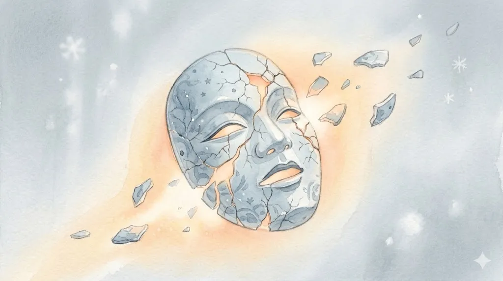 ユング心理学におけるペルソナの解体と本来の自己の現れを視覚化した抽象的なイラスト