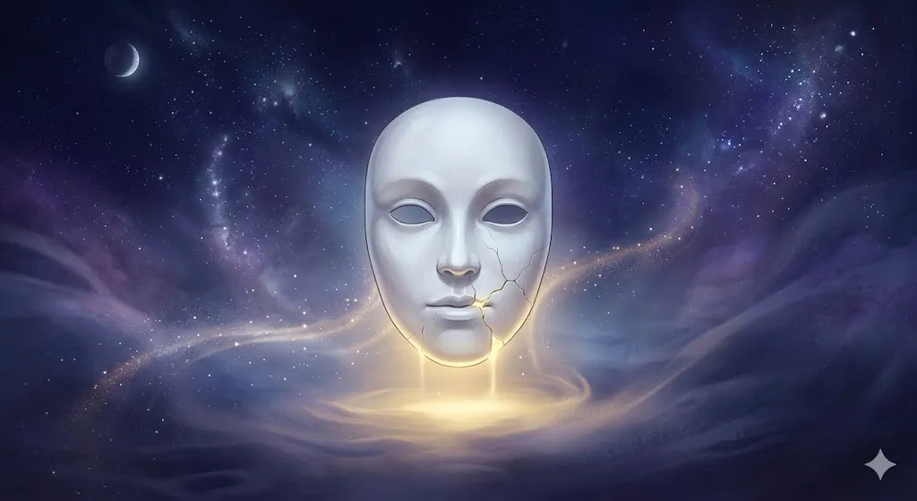 前歯が抜ける夢の象徴——社会的仮面が解け、内なる本質が光として現れる幻想的なイラスト