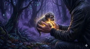 犬を助ける夢の象徴——傷ついた本能を救い上げ、自分への慈しみを取り戻す瞬間を表現した、幻想的なイラスト