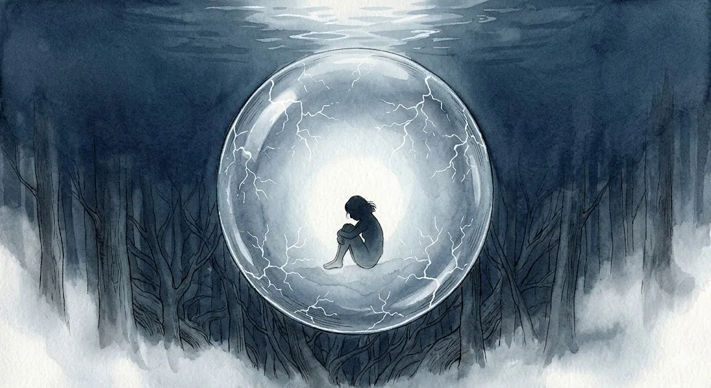 自己防衛機制を象徴する、深い紺色の水中に浮かぶ光の繭に隠れる人のシルエット