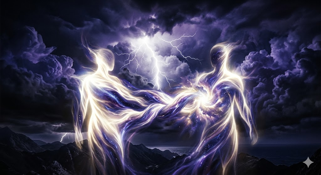 捕まる夢の和解を象徴する、雷光の中で二つの光が一つに溶け合う幻想的な図象