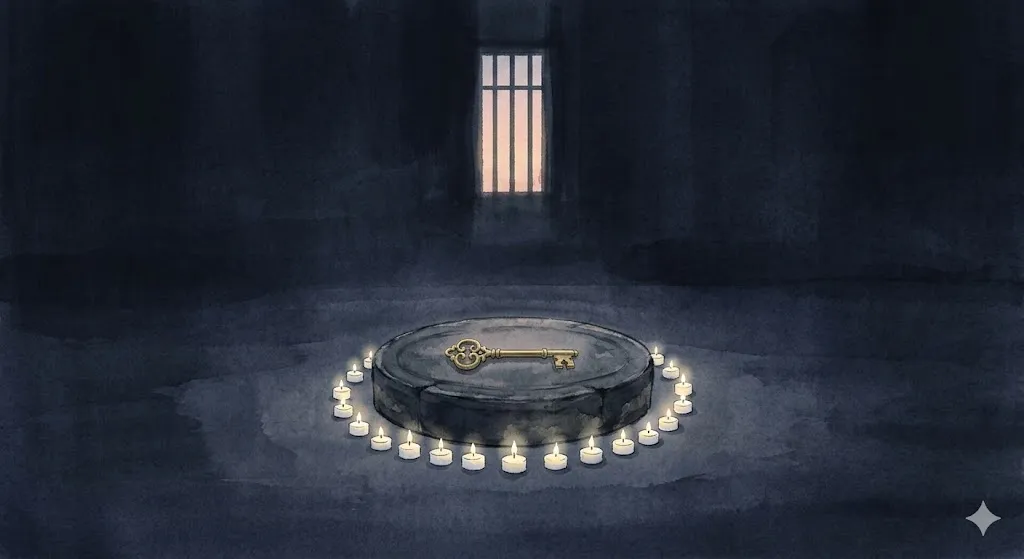 心の境界線を守る鍵と、静寂の中に灯るキャンドルの光を描いた瞑想的なイラスト