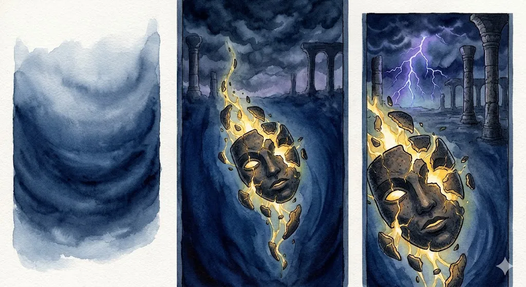 追いかけられて殺される夢の再生を象徴する、砕けた仮面から溢れる黄金の光のイラスト