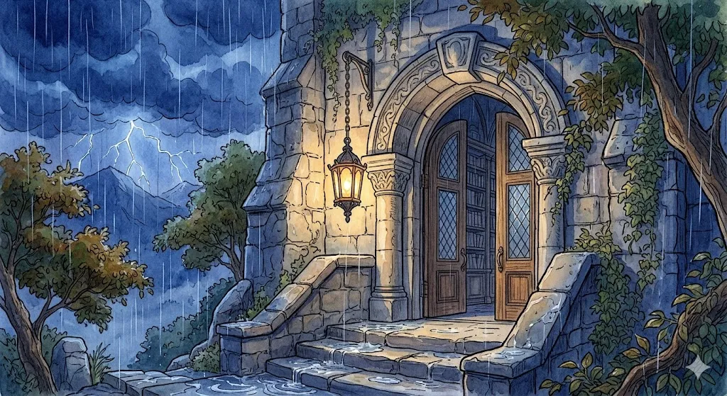 隠れる夢の心理を象徴する、嵐の中の静かな書庫と黄金の灯火のイラスト