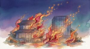 家と職場の火事が象徴する社会的役割の更新を表現した、幻想的な炎と黄昏の空のイラスト