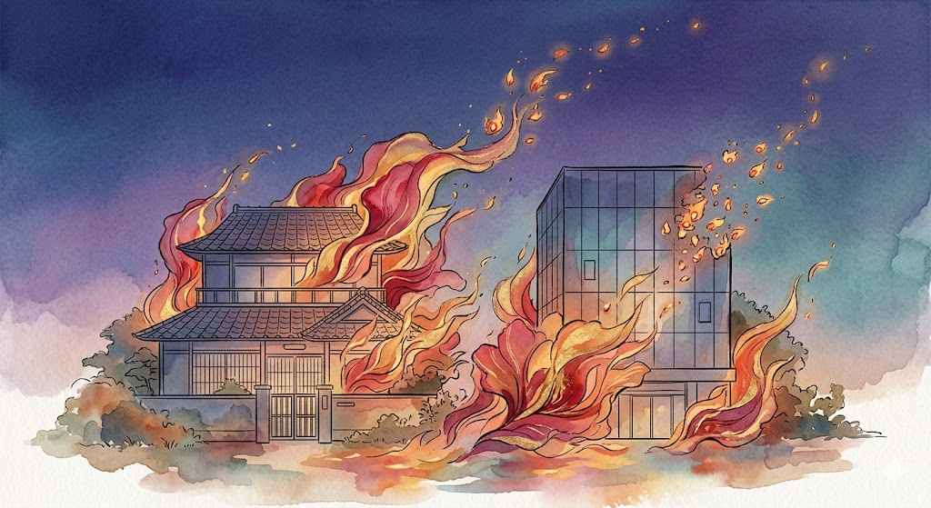 家と職場の火事が象徴する社会的役割の更新を表現した、幻想的な炎と黄昏の空のイラスト