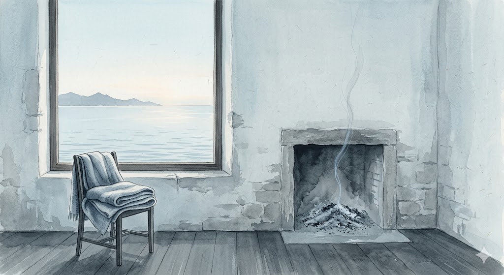 火を消す夢の後の調律、静かな部屋と夜明けの海を描いたリラックスできる風景