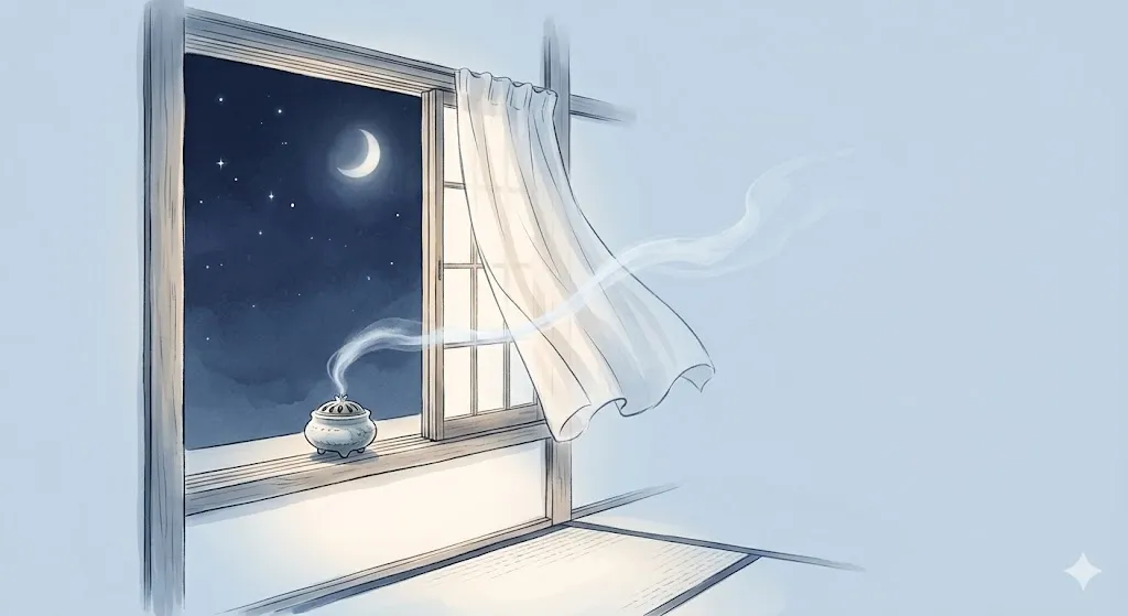 夜の澄んだ空気を吸い込む窓、精神的な深呼吸と内なるリズムの調整を象徴する静かな夜のイラスト