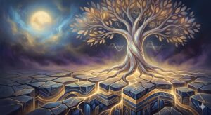 地震の夢を複雑系科学的視点で象徴化した、新しい自分へと再構築される大地の調和のイメージ