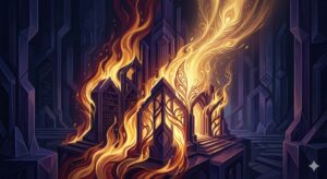 火事の夢を散逸構造論的視点で象徴化した、炎によるシステムの再構築と感情浄化のイメージ