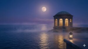 繰り返す悪夢の深層心理をユング心理学的視点で象徴化した、深く静かな海と霧の精神風景。