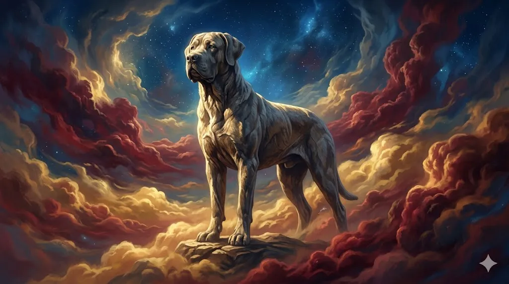 大型犬の夢の象徴——権威と重厚な責任を宿した巨大な守護者の幻想的なイラスト