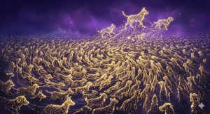 犬がたくさん出てくる夢の象徴——社会的な役割の飽和と個の埋没を描いた幻想的なイラスト