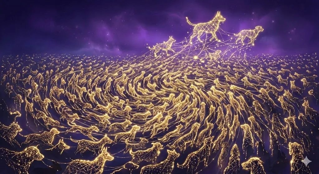 犬がたくさん出てくる夢の象徴——社会的な役割の飽和と個の埋没を描いた幻想的なイラスト