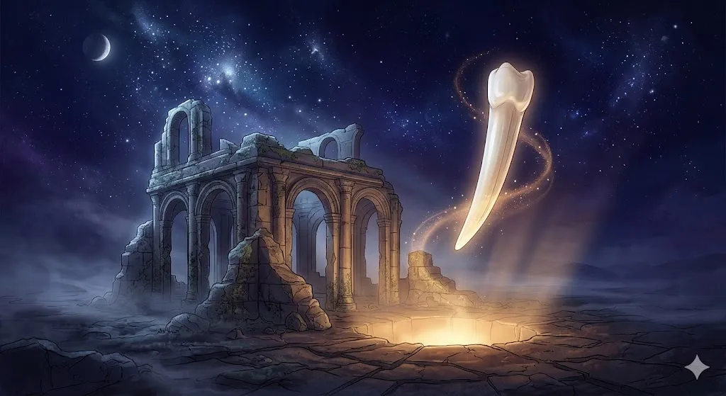 奥歯が抜ける夢の象徴——古い土台から解放され、静かな光の余白が生まれる幻想的なイラスト