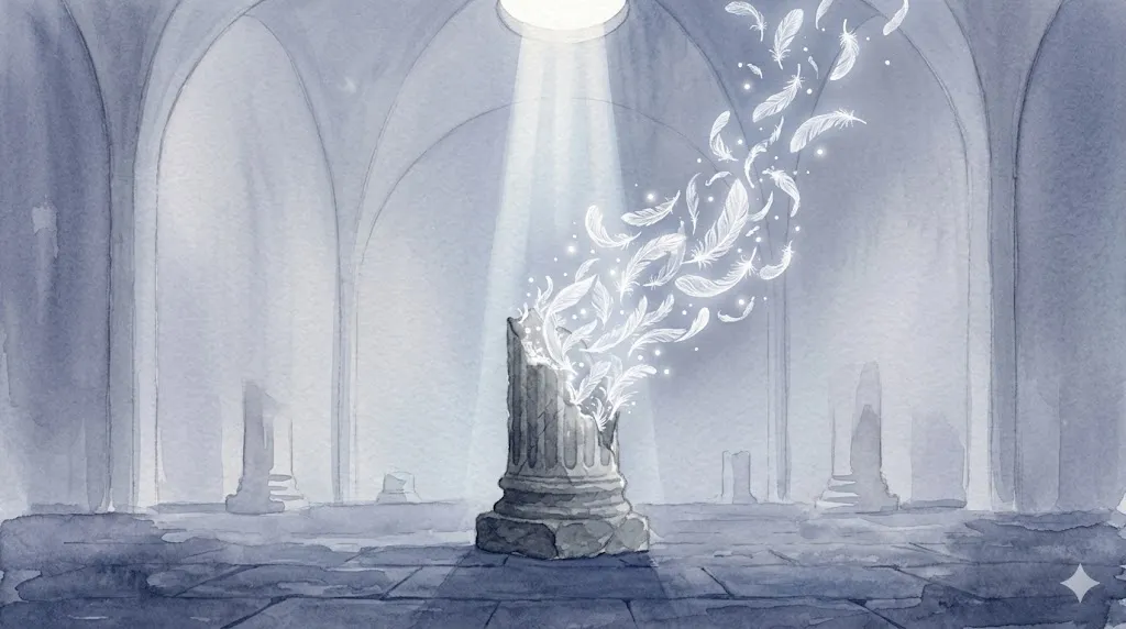 ユング心理学における古い自己像の解体と自己実現への移行を視覚化した抽象的なイラスト