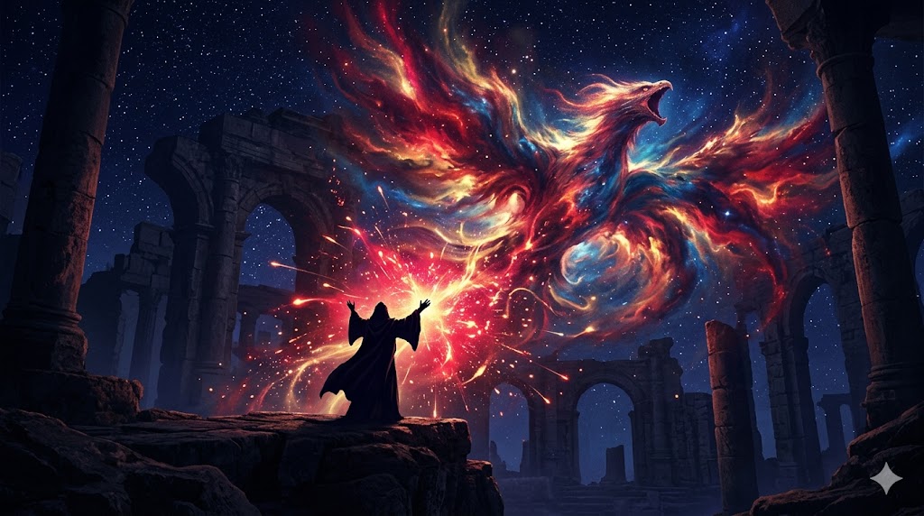 神話学における英雄と怪物の対峙と魂の通過儀礼を視覚化した象徴的なイラスト