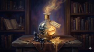 泣く・怒る夢の感情デトックスを錬金術的視点で象徴化した、濁った水が金色に変わるフラスコのイメージ