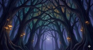 逃げ切る夢をユング心理学的視点で象徴化した、静寂な深い森の奥の安息地