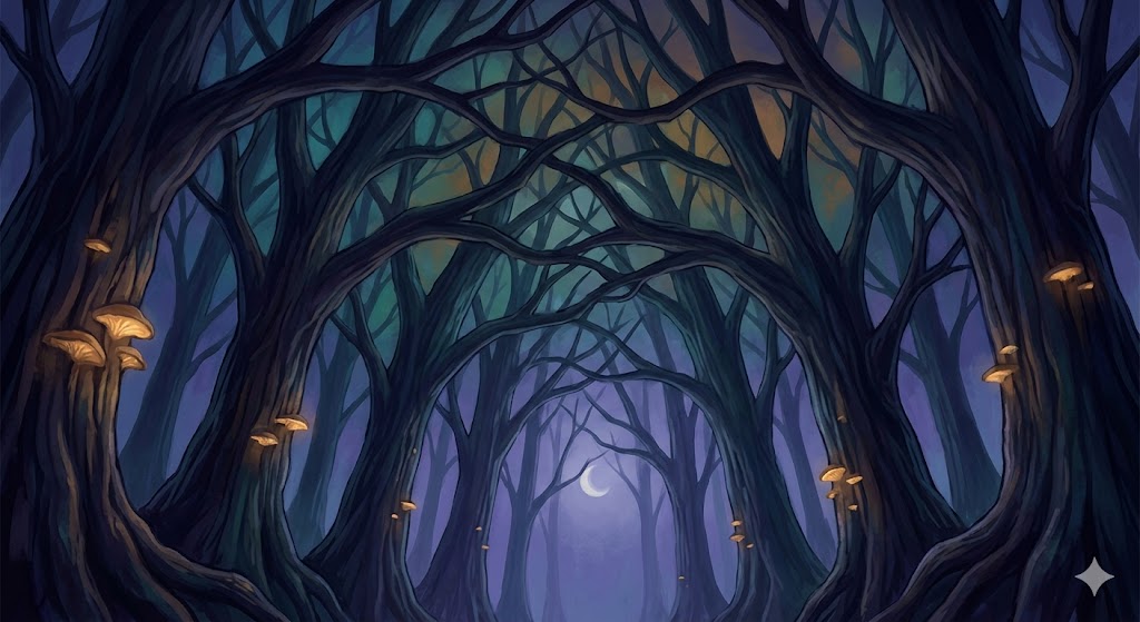 逃げ切る夢をユング心理学的視点で象徴化した、静寂な深い森の奥の安息地