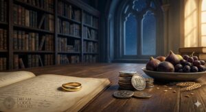 指輪とコイン、そして果実の夢をユング心理学的視点で象徴化した、自己価値と循環のイメージ