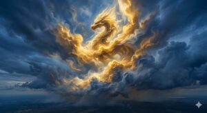 龍の夢をユング心理学的視点で象徴化した、天空へと昇る黄金の雲とエネルギーの奔流