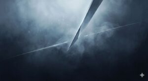 刃物の夢の象徴——静かな灰青色の霧の中に浮かぶ、鋭く光るハサミと包丁の幻想的なイラスト