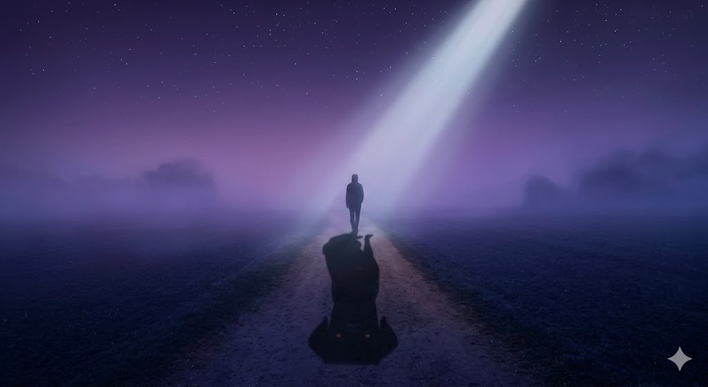 人物から伸びる影が黒い犬の形をしている様子——あなたが無意識に切り離した「もう一人の自分（シャドウ）」を象徴する幻想的なイラスト