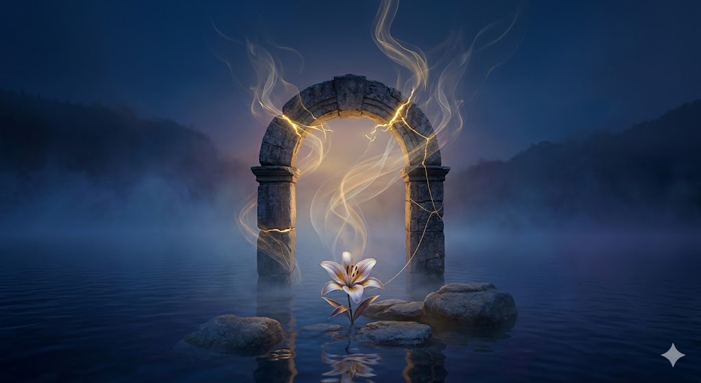 死ぬ夢をユング心理学的視点で象徴化した、古い自己との別れと再生を意味する静寂な石の門のイメージ