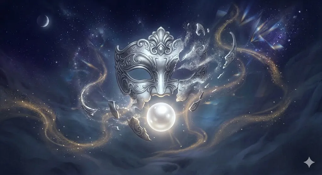 銀歯や差し歯が取れる夢の象徴——人工的な鎧（仮面）が解け、ありのままの真実の自己が輝き出す幻想的なイラスト