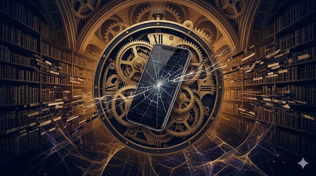 スマホと時計が止まる夢を複雑系科学的視点で象徴化した、情報の遮断とシステムの停止のイメージ