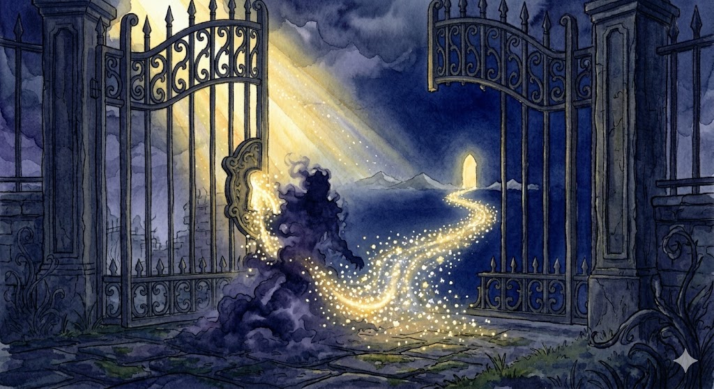 見知らぬ男に因縁をつけられる夢の象徴——砕け散る透明な檻から脱獄し、自由な夜空へと羽ばたく意志を描いた幻想的なイラスト