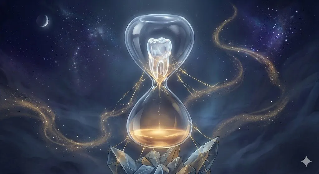 歯を飲み込む夢の象徴——喉の奥で光を放ち、自分の一部へと溶け込む準備をする言葉の結晶